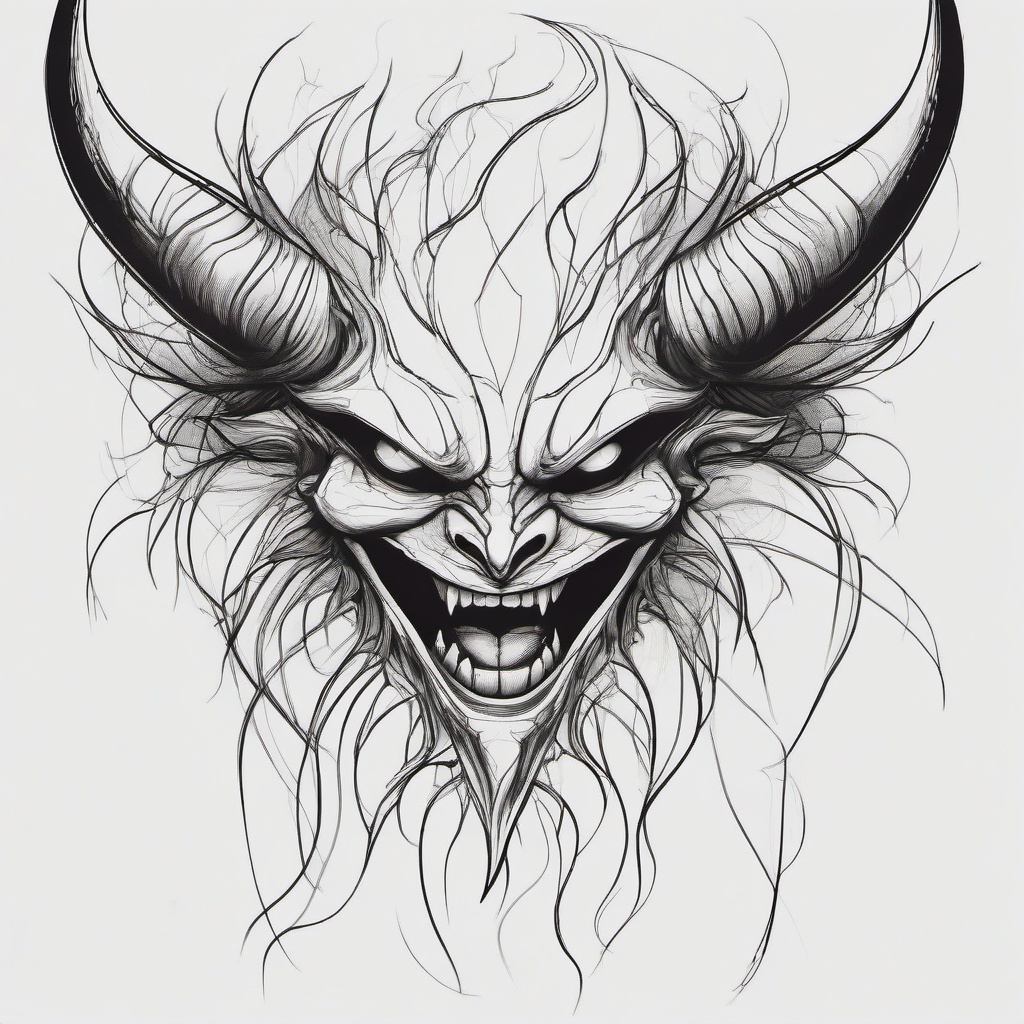 drawing of a smiling demon  minimal rough sketch scribbles,doodles,black and white