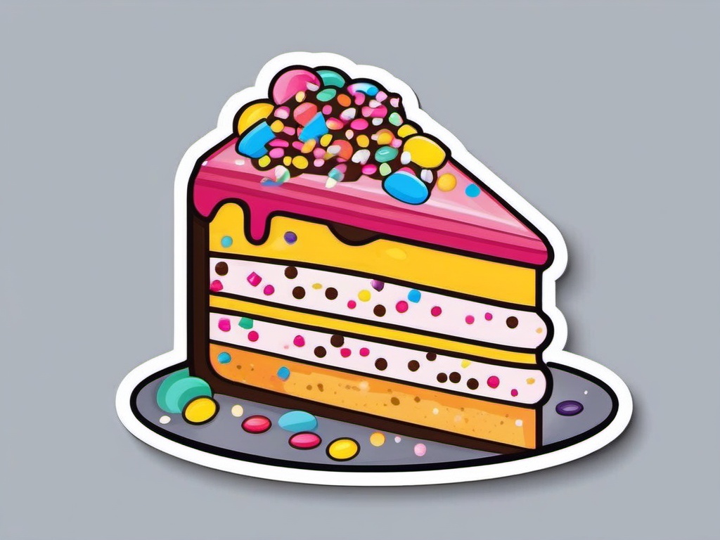 Cake Slice with Sprinkles Sticker - Delicious cake slice covered in colorful sprinkles, ,vector color sticker art,minimal