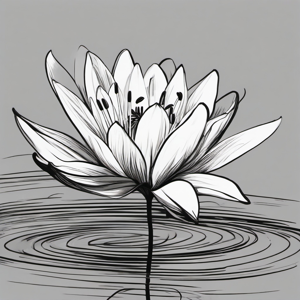 drawing of a lily floating on water  minimal rough sketch scribbles,doodles,black and white