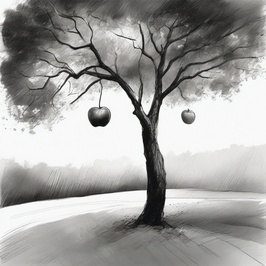 drawing of an apple falling from a tree  minimal rough sketch scribbles,doodles,black and white