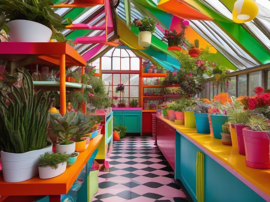 Candy Land greenhouse features bright, colorful planters, playful decor, and whimsical shelving, blending nature and creativity in a vibrant space.  