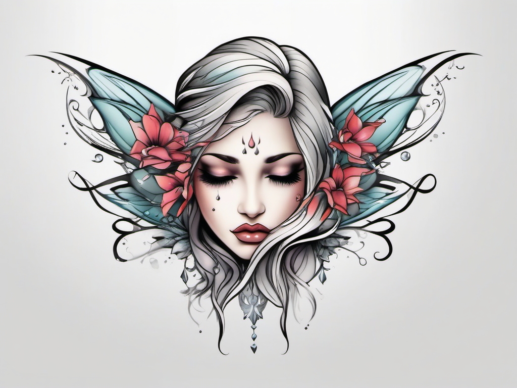 crying fairy tattoo  simple color tattoo style,white background