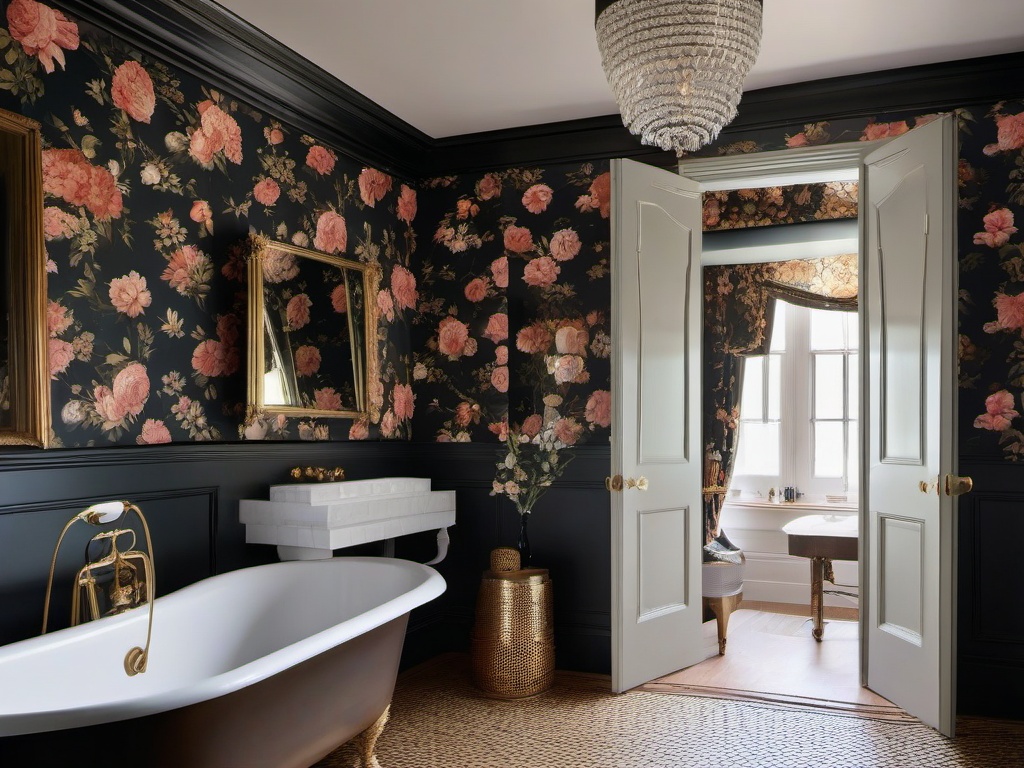 Victorian-inspired bathroom with a Kohler clawfoot tub, Farrow & Ball dark floral wallpaper, and custom Restoration Hardware brass fixtures.  