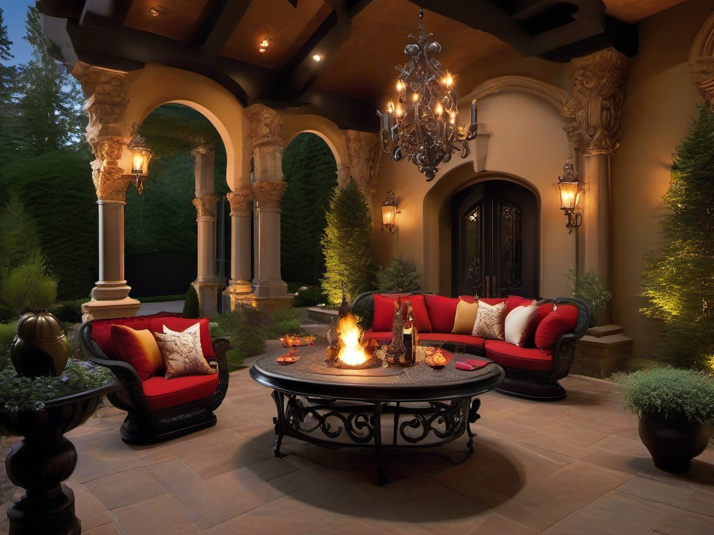 Baroque patio embraces rich colors, ornate details, and luxurious finishes that create a dramatic and sophisticated atmosphere for outdoor entertaining.  