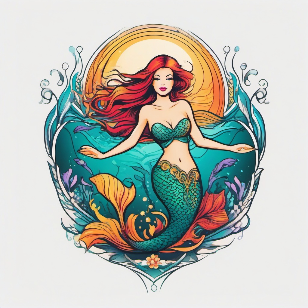 Color Mermaid Tattoo - Infuse vibrancy and energy with a colorful tattoo featuring a stunning mermaid.  simple vector color tattoo,minimal,white background