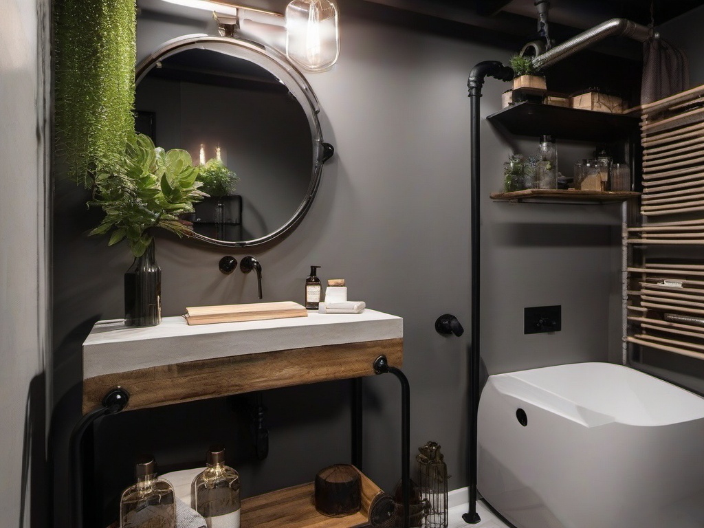 Industrial small bathroom incorporates exposed pipes, concrete accents, and metal shelving, giving it a trendy urban vibe in a compact space.  