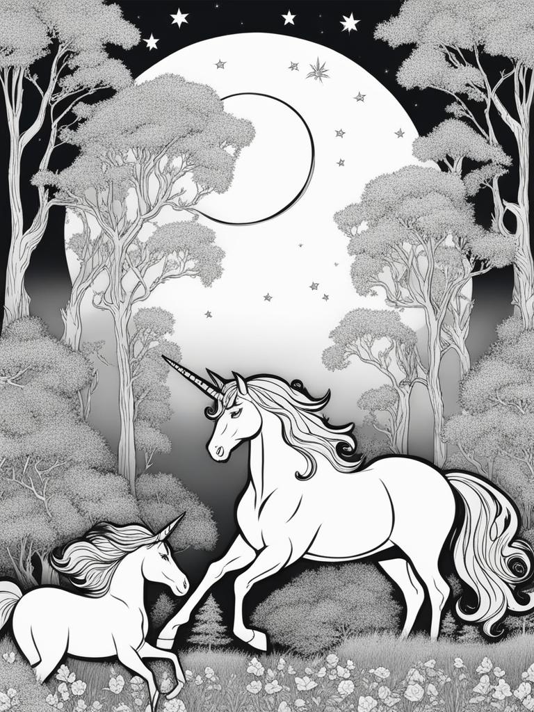 unicorn coloring pages - regal unicorn leading a mystical procession of creatures through a moonlit grove in a magical ceremony. 