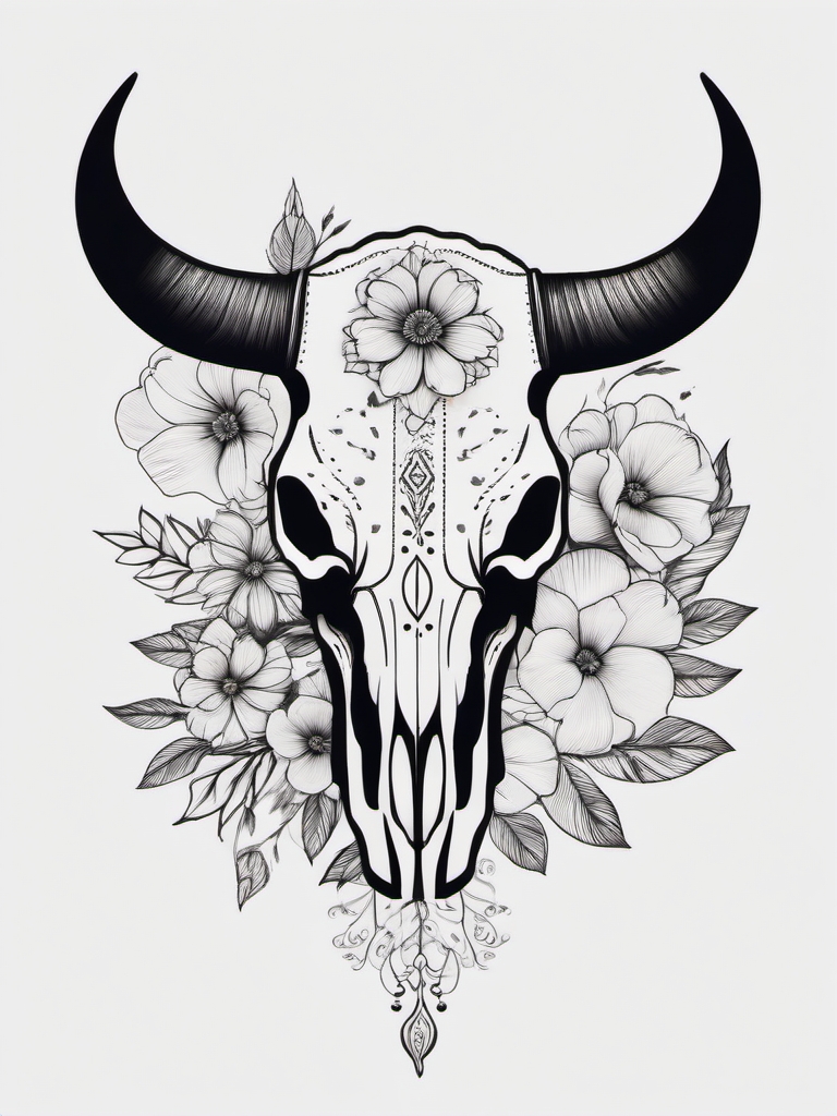 Bull skull with floral details ink. Blooms of strength in art.  minimalist black white tattoo style