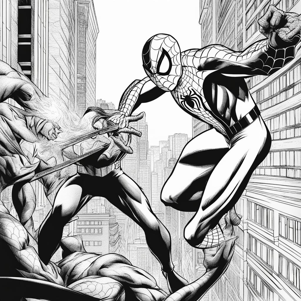 spiderman coloring pages - spider-man confronts a menacing villain in the dark. 