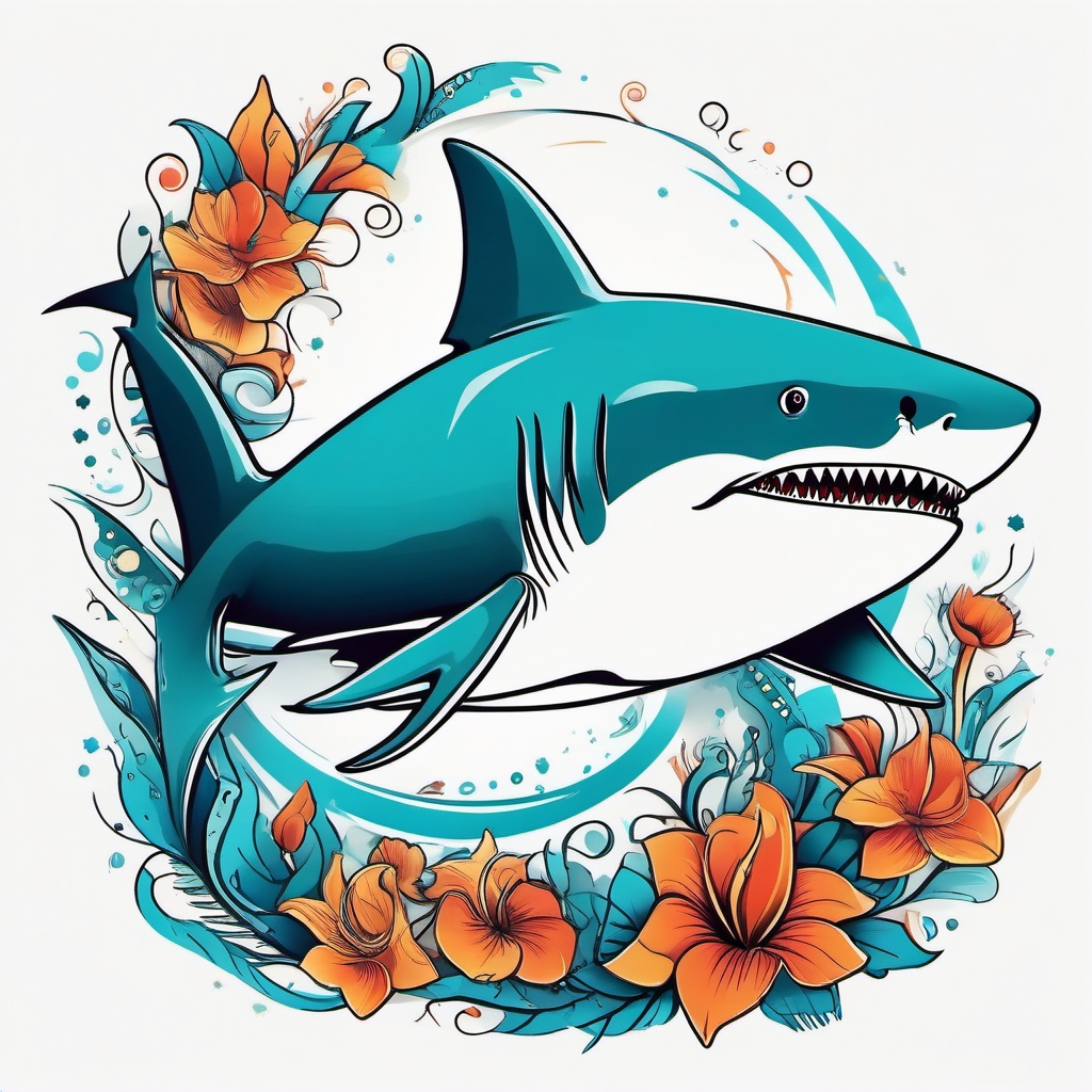 Shark Tattoo-playful and stylized shark tattoo with a touch of whimsy, creating a unique and lighthearted design. Colored tattoo designs, minimalist, white background.  color tatto style, minimalist design, white background