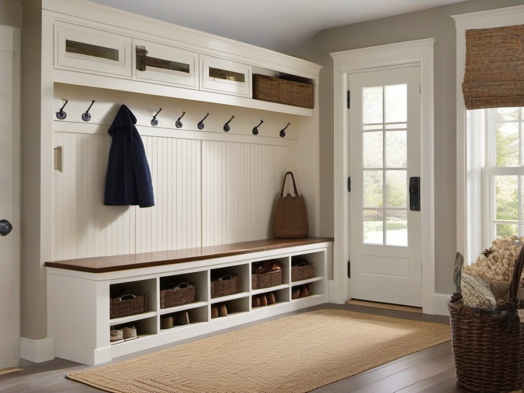 A mudroom designed with American Colonial interior design includes built-in benches, coat hooks, and a practical layout that promotes organization and functionality.  