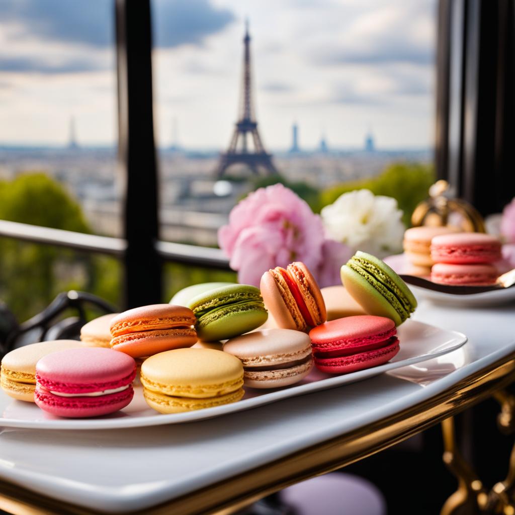 macarons, colorful and delicate, enjoyed at a chic parisian café with a view of the eiffel tower. 