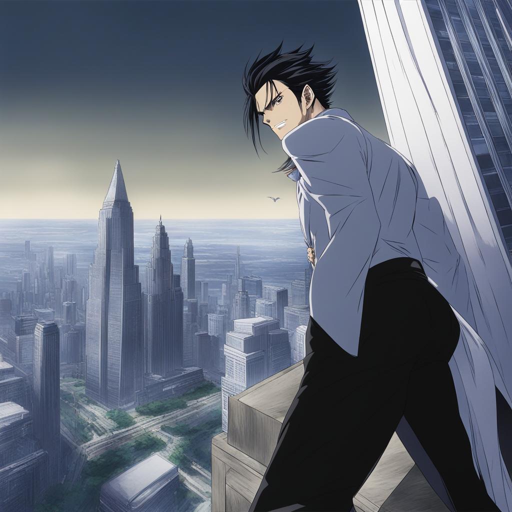 chrollo employs nen abilities in a strategic battle atop a towering skyscraper. 