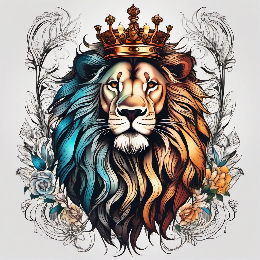 Lion with crown tattoo, Tattoos showcasing regal lions adorned with crowns. , color tattoo designs, white clean background