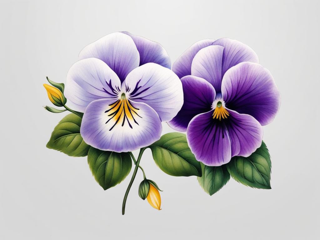 Viola flower tattoo, Tattoos inspired by the charming and delicate viola flower.  vivid colors, white background, tattoo design