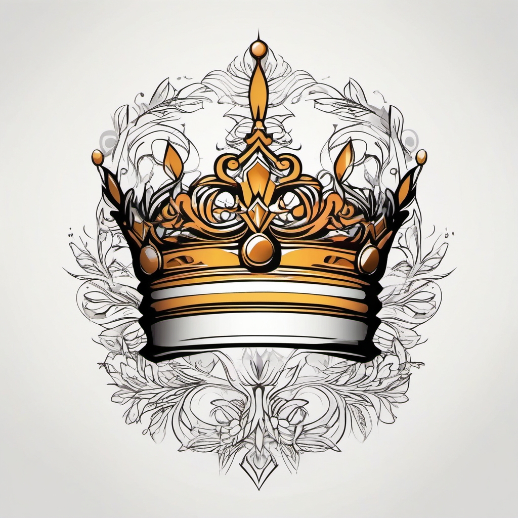 Crown Tattoo-Stylized and unique crown design with symbolic elements, creating a one-of-a-kind tattoo. Colored tattoo designs, minimalist, white background.  color tattoo, minimal white background