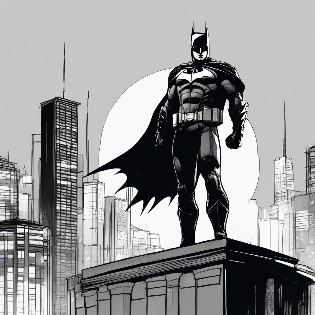 drawing of Batman standing on a rooftop at night  minimal rough sketch scribbles,doodles,black and white