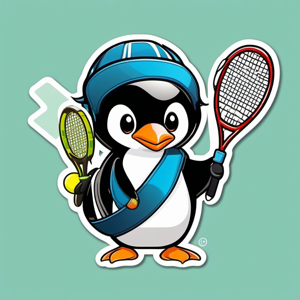 Penguin Tennis Player Sticker - A penguin with a tennis racket, ready for a match. ,vector color sticker art,minimal