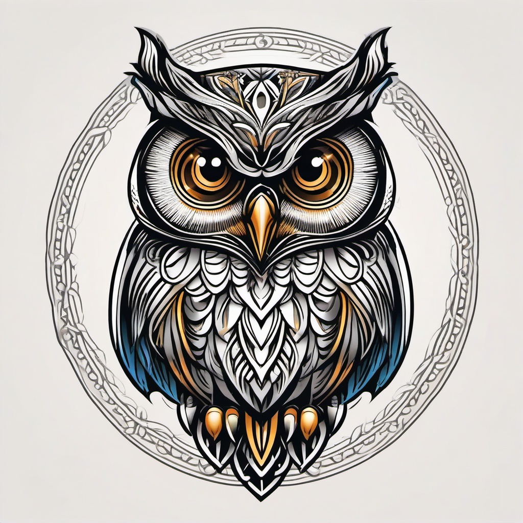 Neo Trad Owl - Explore neo-traditional tattoo artistry with an owl-themed design.  simple color tattoo,vector style,white background