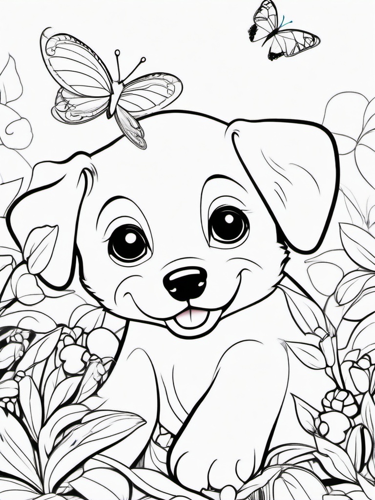 Puppy with a Butterfly Net Coloring Pages - Curious Puppy Trying to Catch Butterflies  minimal black outline printable sheet, coloring page