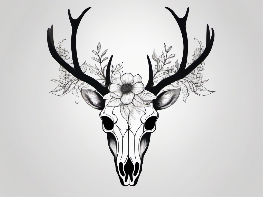 Minimalist deer skull with subtle floral accents, natural simplicity.  black and white tattoo style