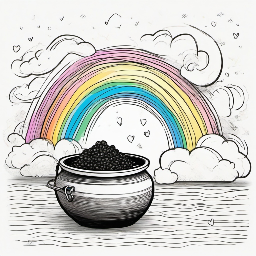 drawing of a rainbow with a pot of gold  minimal rough sketch scribbles,doodles,black and white