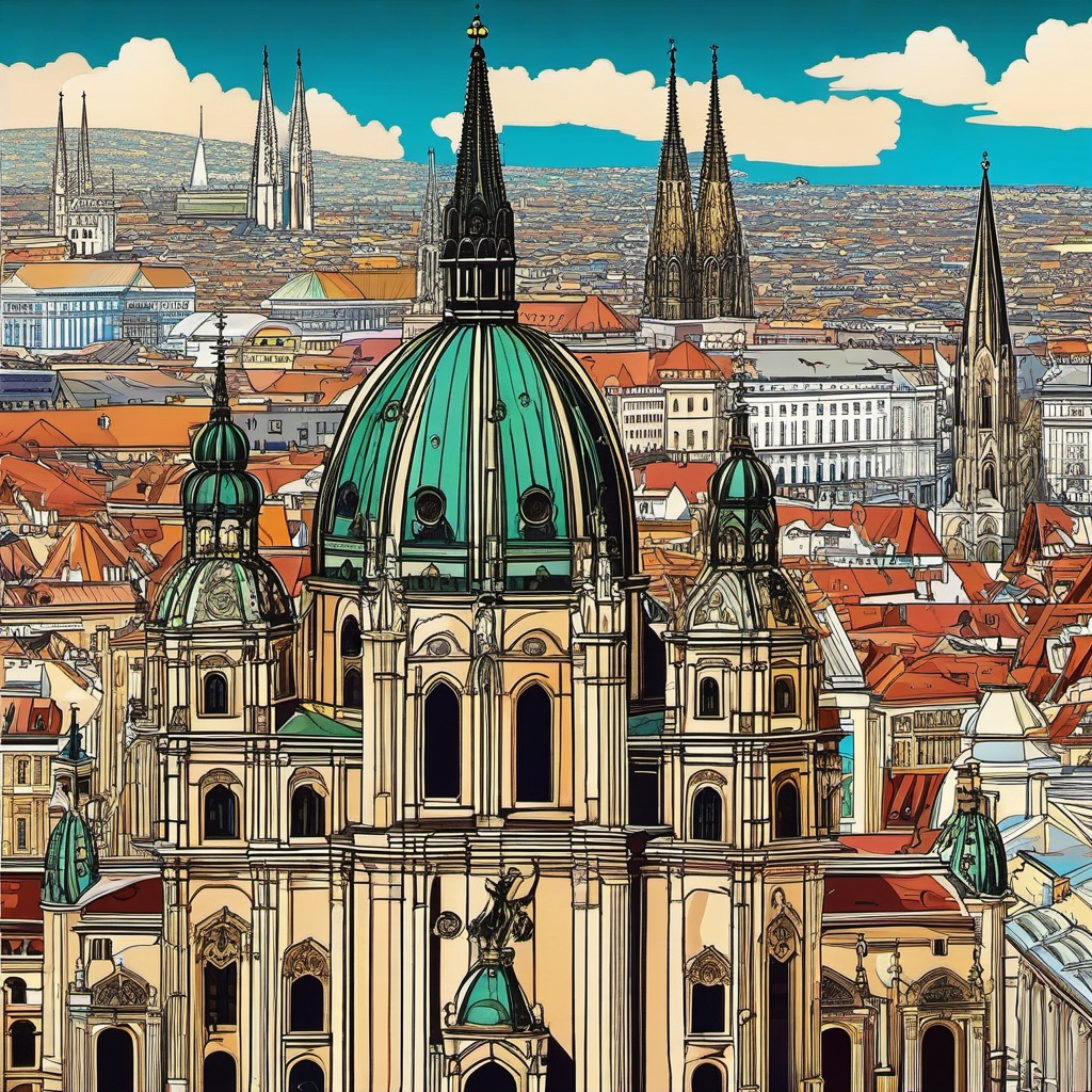 Vienna clipart - St. Stephen's Cathedral and Vienna cityscape, ,color clipart vector style