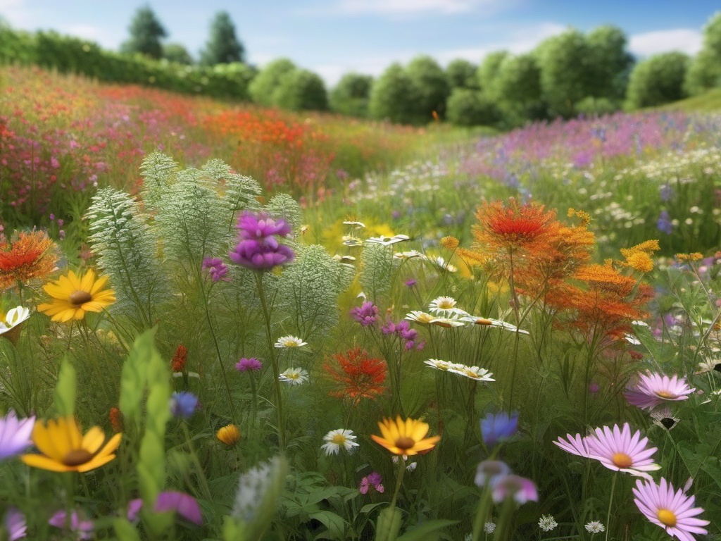 Wildflower Meadow - Design a garden with a natural wildflower meadow. multicoloured, photo realistic, hyper detail, high resolution