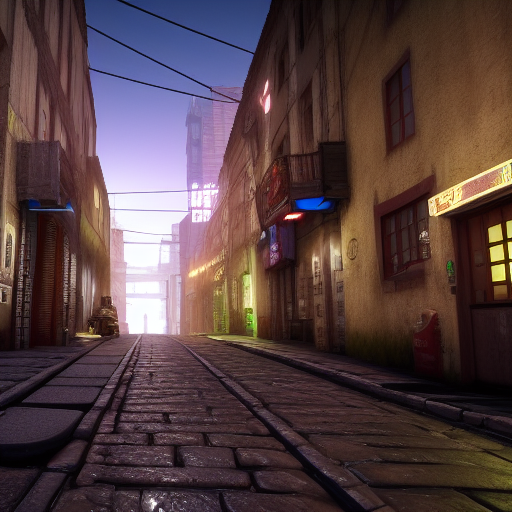 shot from center narrow cobblestone alley with buildings on left and right side with many storeys and dense detailed windows cyberpunk 8k ultra realistic 