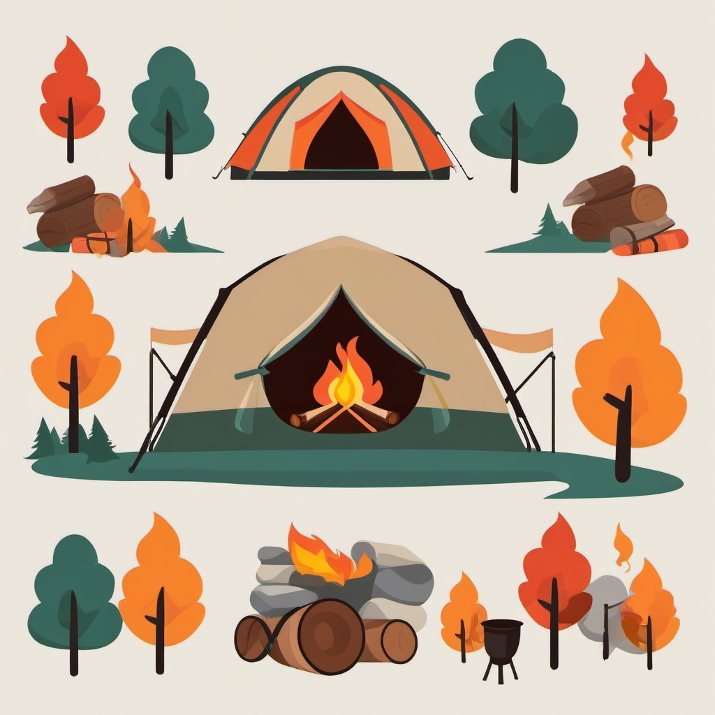 Camping with Campfire and Tent Clipart - Campers with a campfire and tent.  color vector clipart, minimal style