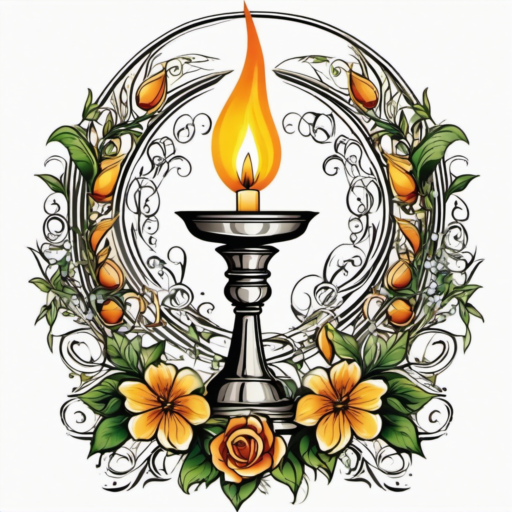 Catholic liturgical symbols tattoo: Chalice, host, and candles in sacred arrangement.  color tattoo style, white background