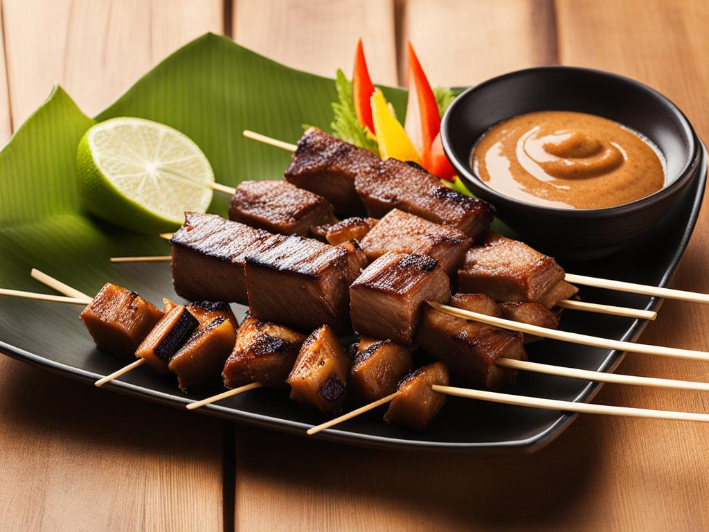 indonesian sate sampler - skewers of marinated and grilled meats with peanut sauce. 