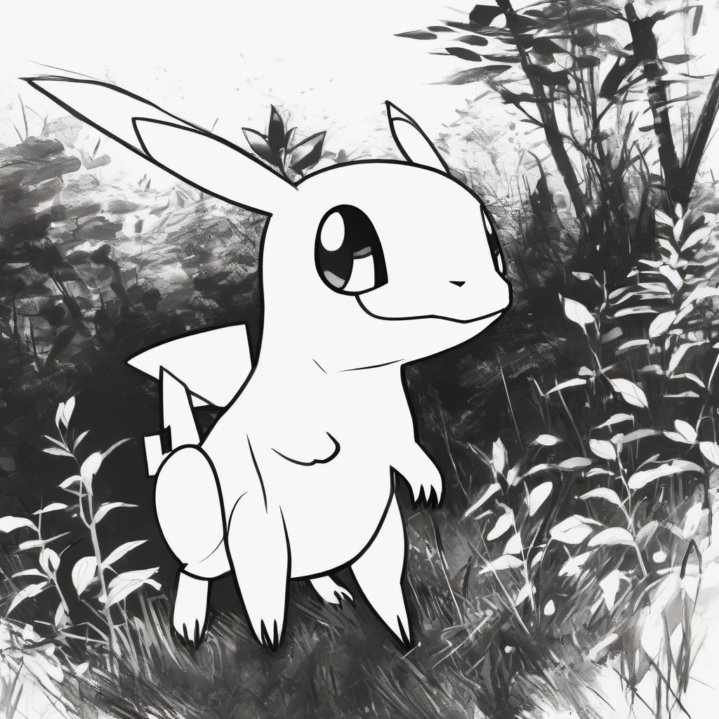 drawing of a Pokémon in the wild  minimal rough sketch scribbles,doodles,black and white