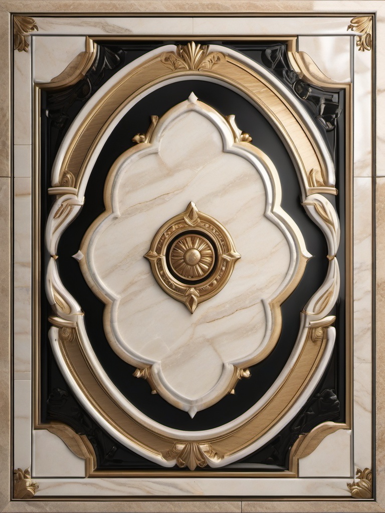 Travertine and porcelain and granite and marble medallion tile scheme top view, product photoshoot realistic background, hyper detail, high resolution