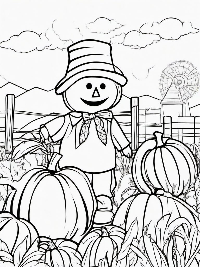 Pumpkin and Scarecrow Coloring Pages - Pumpkin Next to a Friendly Scarecrow  minimal black outline printable sheet, coloring page