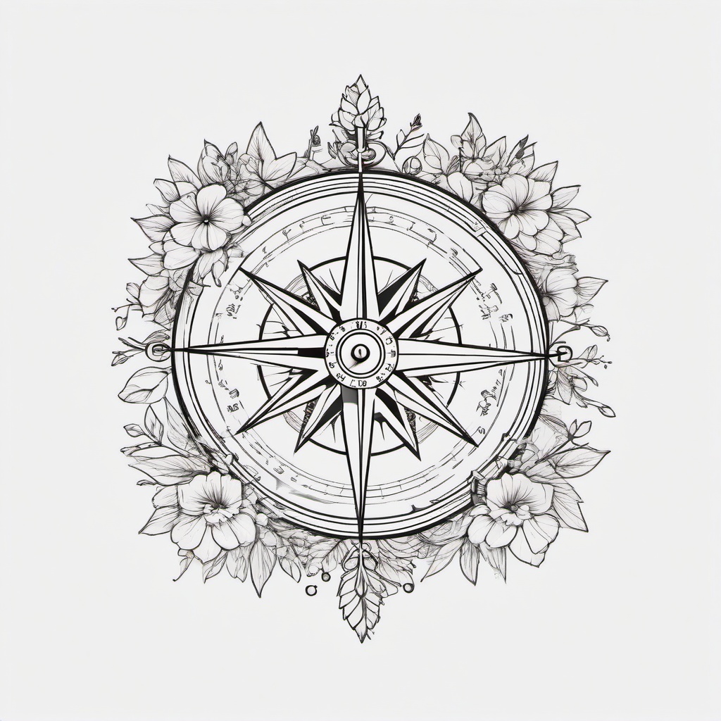 Compass Tattoo with Flowers - Compass tattoo adorned with floral elements.  simple vector tattoo,minimalist,white background