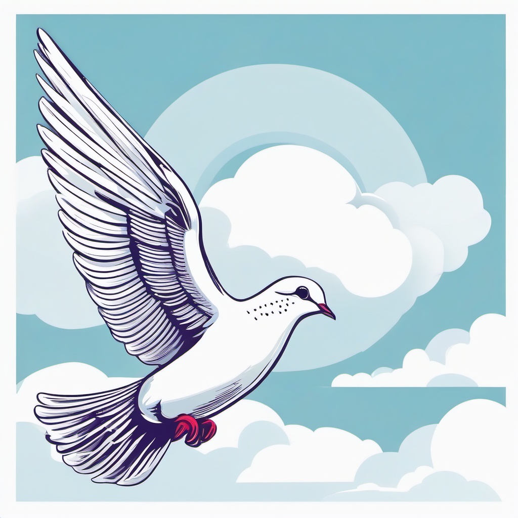 Dove in flight with soft clouds clipart.  vector style illustration, white background