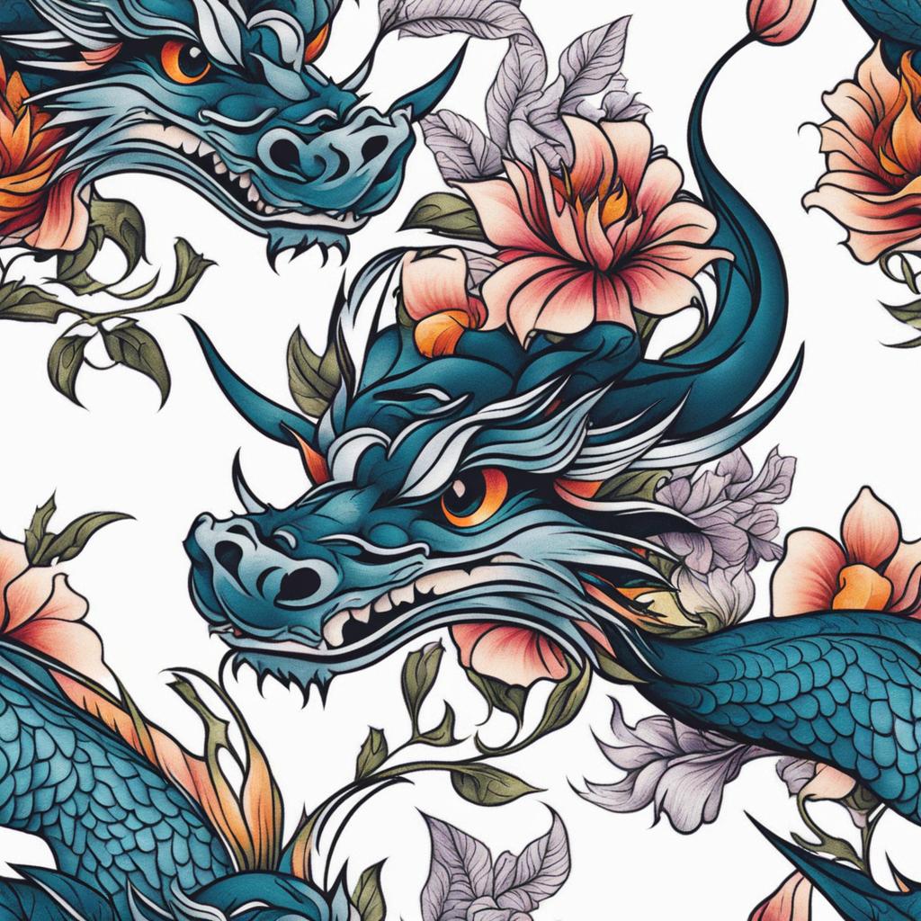 Dragon tattoo flowers, Tattoos featuring dragons and floral elements.  color, tattoo style pattern, clean white background