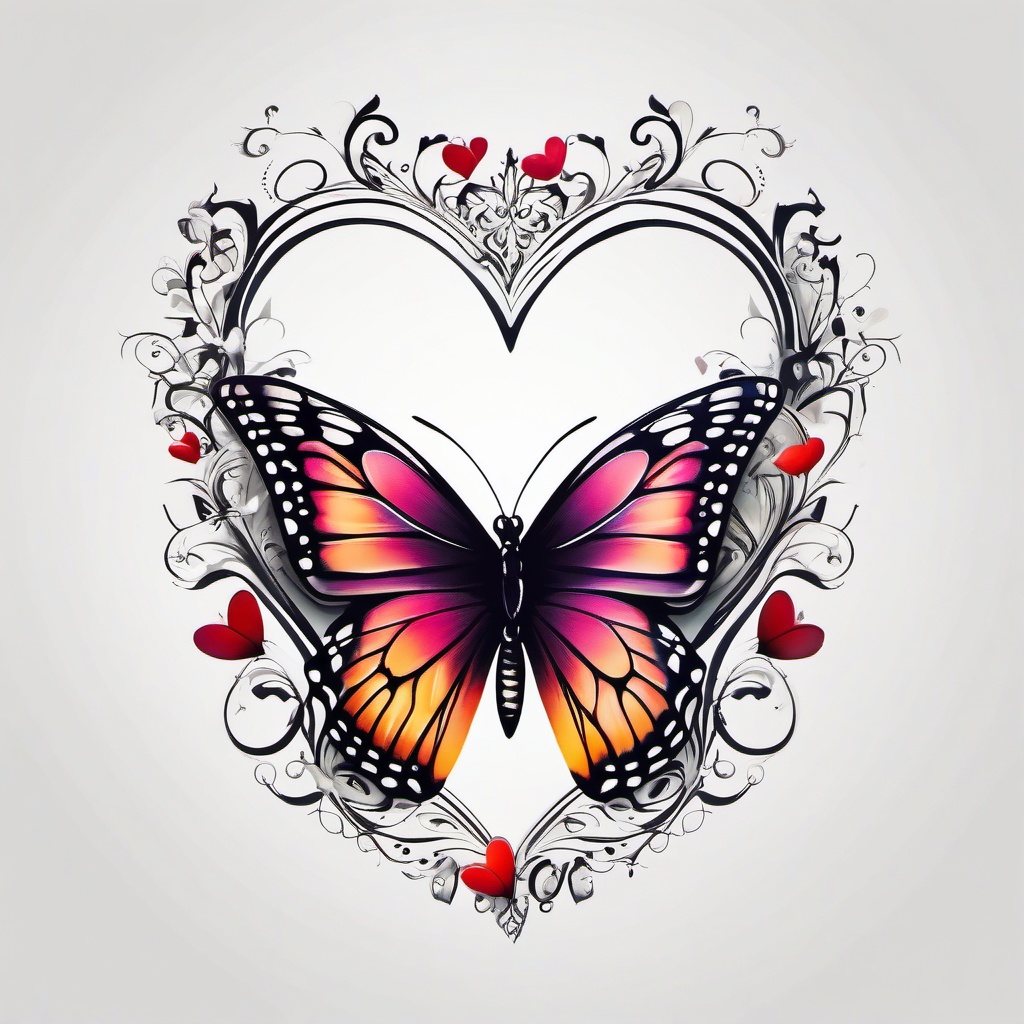 Butterfly and heart tattoo, Butterfly landing on a heart, signifying transformation and love. , tattoo color art, clean white background