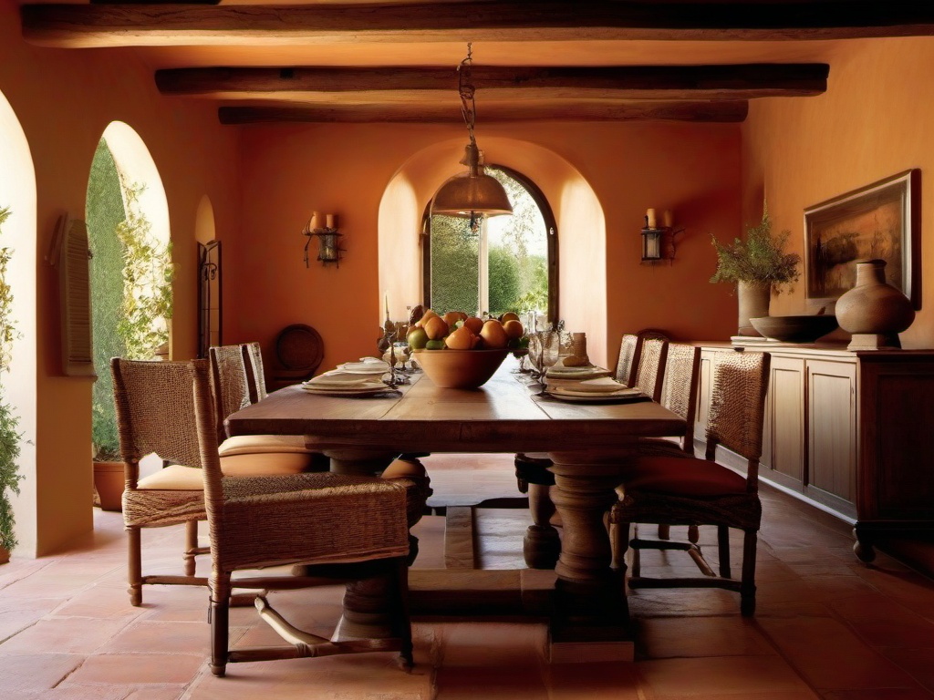 Tuscan dining room with terracotta floors, rustic wooden furniture, and warm, earthy tones evokes the feeling of a Mediterranean villa.  