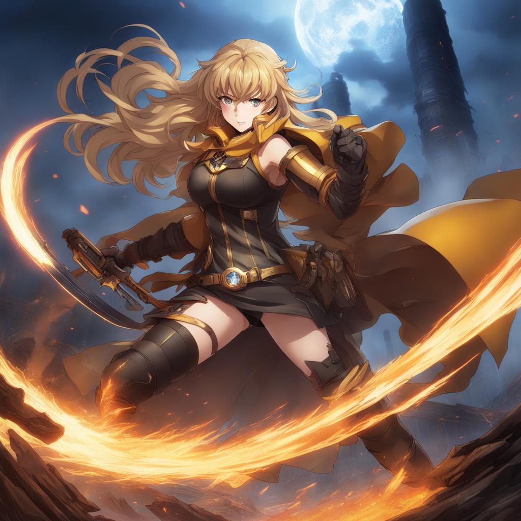 yang xiao long,unleashing her ember celica gauntlets against grimm creatures,a post-apocalyptic wasteland anime, anime key visual, japanese manga, pixiv, zerochan, anime art, fantia