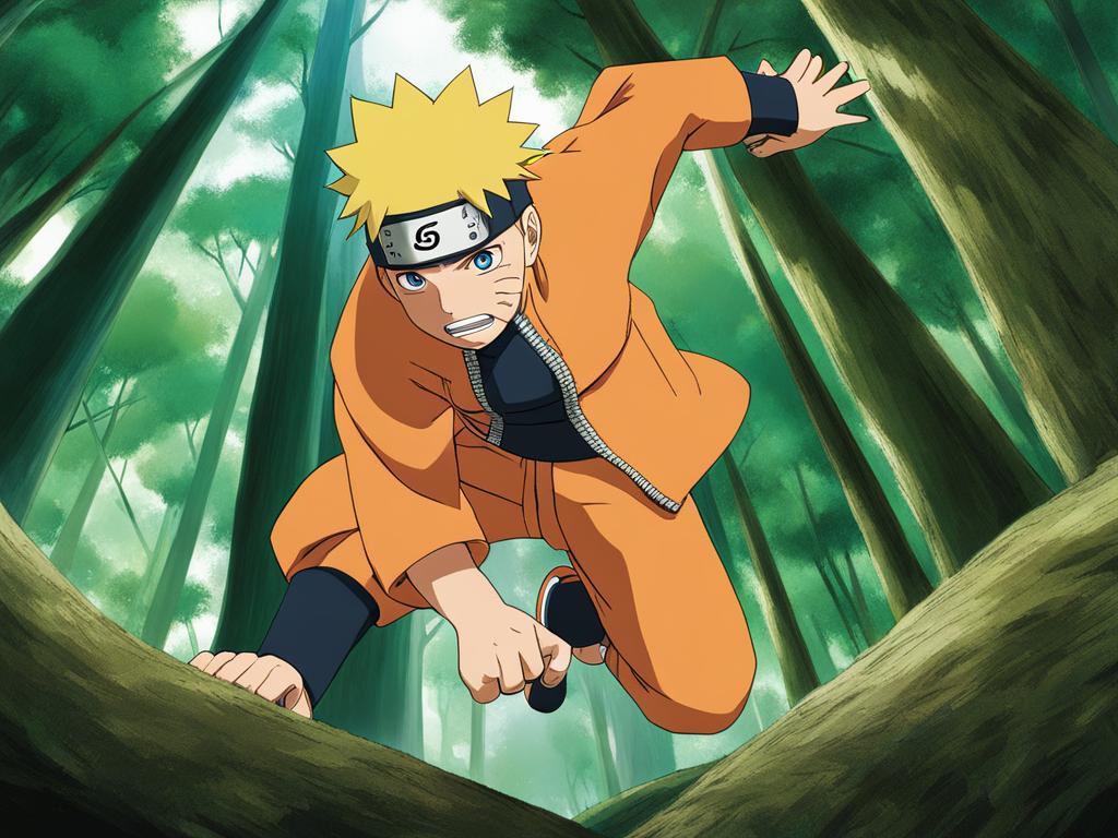 naruto uzumaki engages in a fierce ninja battle amidst towering trees in the hidden leaf village. 