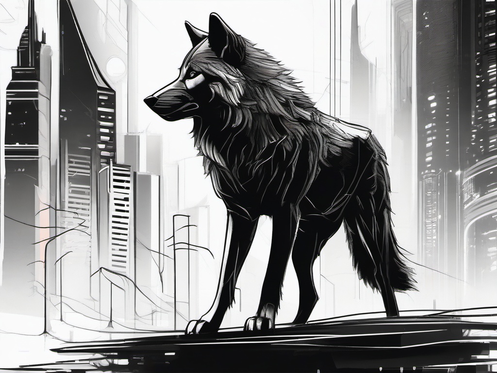 drawing of a wolf in futuristic city  minimal rough sketch scribbles,doodles,black and white