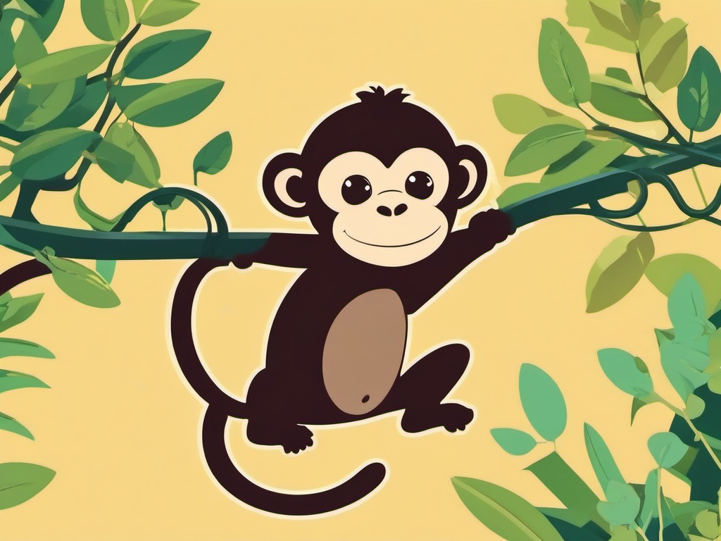 Monkey Sticker - A mischievous monkey swinging from vines. ,vector color sticker art,minimal