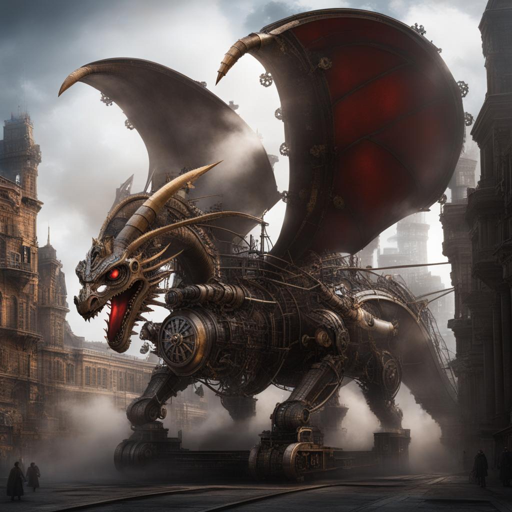 steam dragon emerging from the heart of a steam-powered metropolis, its mechanical limbs echoing the industrial age. 