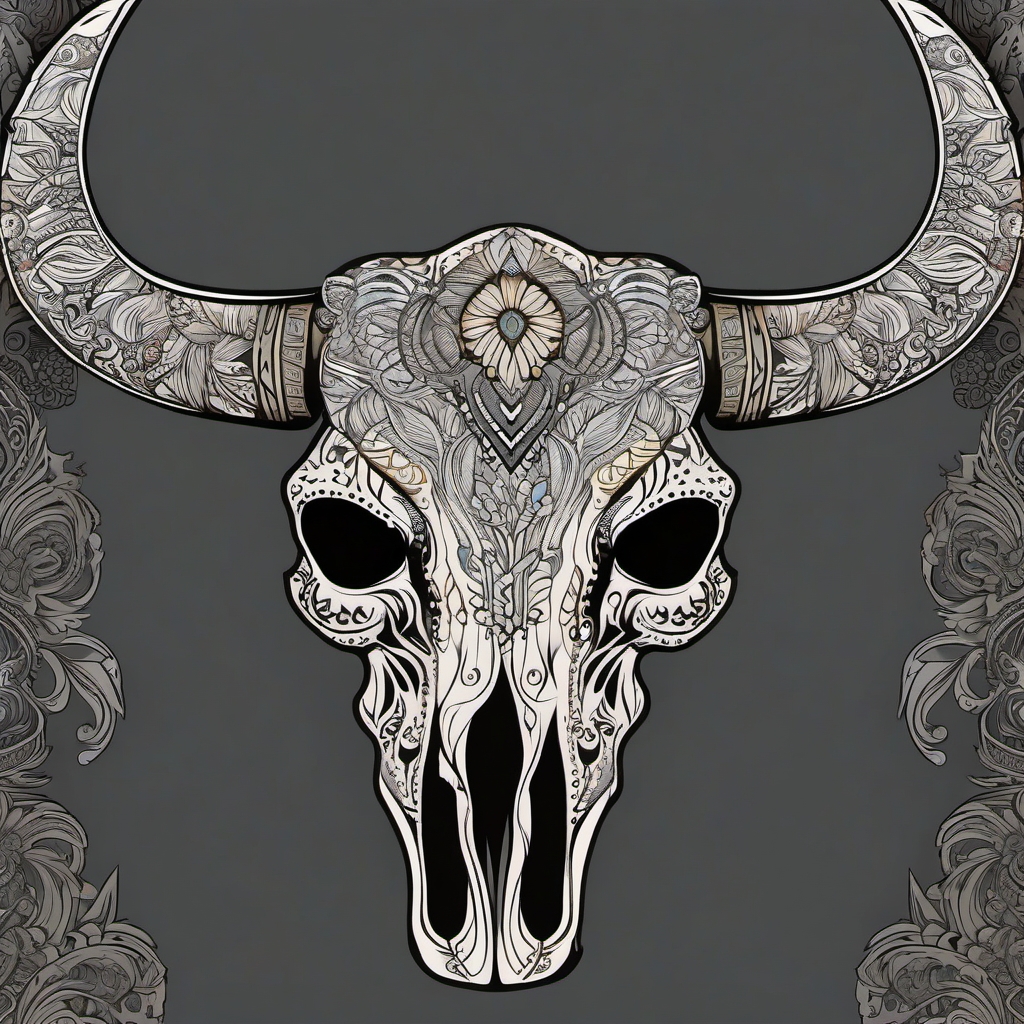 Intricate buffalo skull design: Detailed patterns, an artistic showcase.  simple color tattoo style