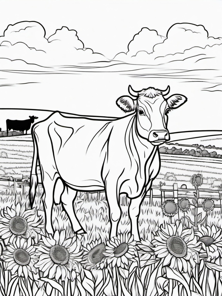 Cow Coloring Pages - Cow in a field of sunflowers  simple coloring pages