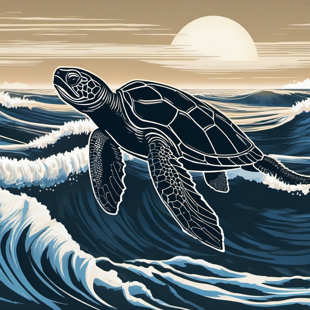 Leatherback Turtle - Against a backdrop of rolling waves, the leatherback turtle epitomizes strength and resilience.  vector art, clipart, minimal