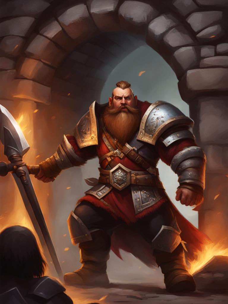 malakai ironblood, a dwarf barbarian, is smashing through the gates of an enemy stronghold. 