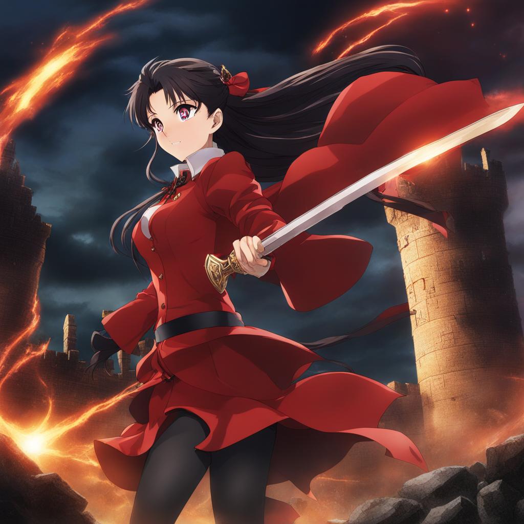 rin tohsaka - engages in a fierce spellcasting battle amidst the ruins of an ancient castle. 